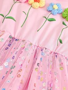 1 szt. Dziewczęca sukienka z nadrukiem w kwiaty i kolorowym kwiatowym siateczkowym brzegiem, patchworkowa, odzież na zewnątrz, wiosna/lato - Różowy - Zobacz 5