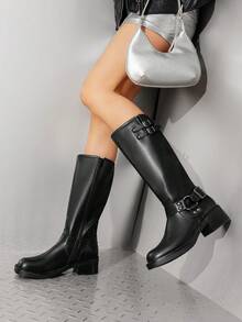 Botas Largas para Mujer, Botas de Motociclista para Dama con Punta Cuadrada - Negro - Ver 4