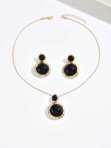1 Set Fashionable Minimalist Geometric Circle Black Inlaid Pendant Necklace & Earrings, Versatile For Daily Wear And Party Events