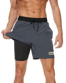 TURLAT 2 In 1 Mens Swim Trunks Quick Dry Beach Board Shorts With Drawstring And Zipper Pockets Comfy Summer - 黑色 - 查看 8