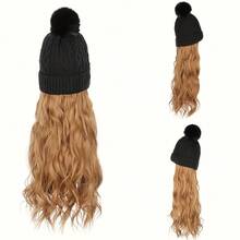 针织帽，配有长波浪卷发接发，加厚内衬，20英寸合成假发，可拆卸发片，保暖绒球，适合女性冬季佩戴，自然风格 - 彩色 - 查看 12