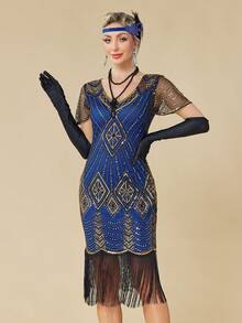 Váy Flapper thập niên 1920, Váy Great Gatsby thời kỳ Roaring 20s dành cho nữ, Váy cưới tay voan đính hạt cườm tay dài mùa xuân - Màu xanh lam - Xem 4