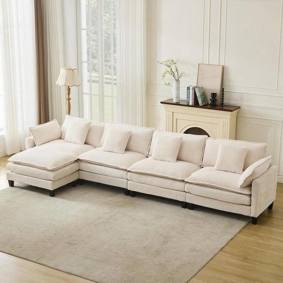3-Seater Modular Sectional Sofa With 2 Ottomans, Corduroy Deep Seat Couch, Double Layer Cushion, Plush Backrest & Armrest Pillow, Cozy Cloud Couch For Living Room Apartment 146.5" L Modular Sectional Sofa With Ottoman, Corduroy Cloud Couch U-Shaped, Deep Seat Comfy Couch For Living Room, Movable Ottoman & Pillows 112 In U Modular Sectional Sofa, Corduroy Cloud Couch With Movable Ottoman & Throw Pillows, Modern L/U-Shaped Sofa, Comfy Deep Seat Couch For Living Rooms, Offices, Bedroom And Apartment - 米色-146.5"-L Shape 4 Seats - 查看 1