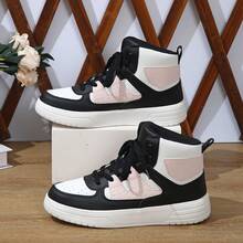 女士黑色-粉色-蓝色高帮运动鞋，休闲系带圆头舒适鞋