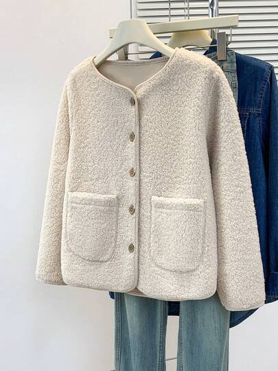 YUXIN เสื้อโค้ทผู้หญิงฤดูใบไม้ร่วงและฤดูหนาว Faux Shearling อบอุ่น, ดีไซน์กระดุมแถวเดียวคอกลมเรียบง่าย, ตกแต่งด้วยกระเป๋าคู่, มีหลายสีให้เลือก, เหมาะสำหรับพักผ่อนในชีวิตประจำวันและการเดินทาง