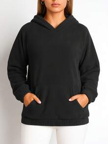 Women's Oversized Hooded Fleece Sweatshirt, Fashionable Pullover Sweater For Autumn & Winter - Black - View 2