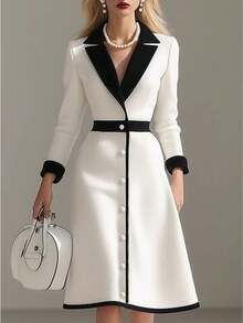 Dresses For Women's High-End Sense Light Luxury Formal Dress, Black White Contrast, High Waist Slimming Long Sleeve - 白色 - 查看 4