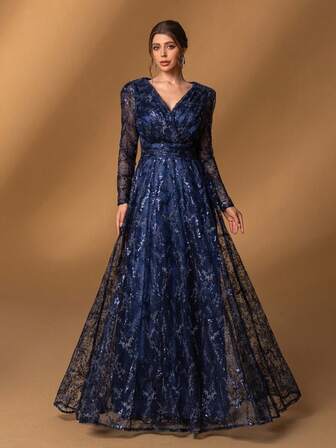 Faeriesty Mosy ​Elegant Mother Of The Bride Dress: Sequin Lace Evening Gown With Sheer Sleeves – Sophisticated Romantic Design For Beach Receptions, Date Nights & Formal Evening Gatherings
