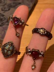 4件套哥特复古独特时尚精致心形恶魔水晶太阳戒指套装，女士日常佩戴、街头、节日、派对饰品 - 彩色 - 查看 5