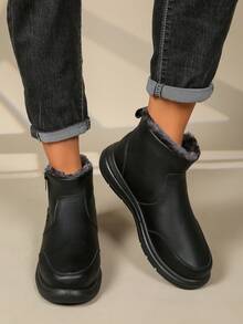 Men's Winter Snow Boots, Black Leather Zipper Short Boots, Casual Commuter Boots - Black - View 4