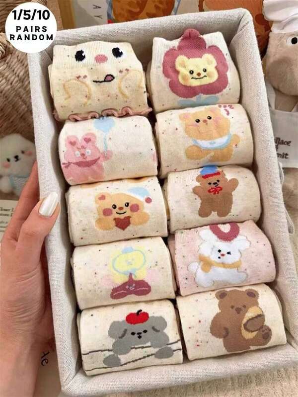1 Pair/5 Pairs/10 Pairs Cute Lace Ruffle Styles, Suitable For All Seasons. Random Japanese Cartoon Bunny & Bear Pattern, Sweet Patchwork Lace, College Style Outfit, Soft & Skin-Friendly, Comfortable & Warm, Versatile Women Crew Socks