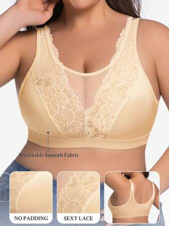 1 st Plus Size Dam Mesh Andningsbar Bygellös Rygglös Bralette, Avslappnad Loungekläder