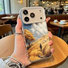 Cubierta de telefono con borde transparente color blanco con estampado paisaje otoñal pasto dorado arbol y persona caminando con sombrero ideal para uso diario en cafeterias y espacios exteriores - Plateado - Ver 2