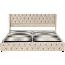 Upholstered Bed In An Ear Shape. Double Row Of Flannel Rivets, Buttoned Seams At The Head And Foot Of The Bed, Double Bed 140*200. Functional Hydraulic Bed. The Slatted Base Is Covered In Black, Stain-Resistant Fleece, Grey. - Beige 1 - View 5