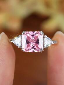 1 Peça Anel de Prata Esterlina 925 com Zircônia Cúbica Rosa Quadrada Luxuoso e Atraente, Presente de Moda, Festa/Aniversário/Noivado/Casamento/Aniversário/Dia dos Namorados para Mulheres - Rosa chiclete - Visão 1