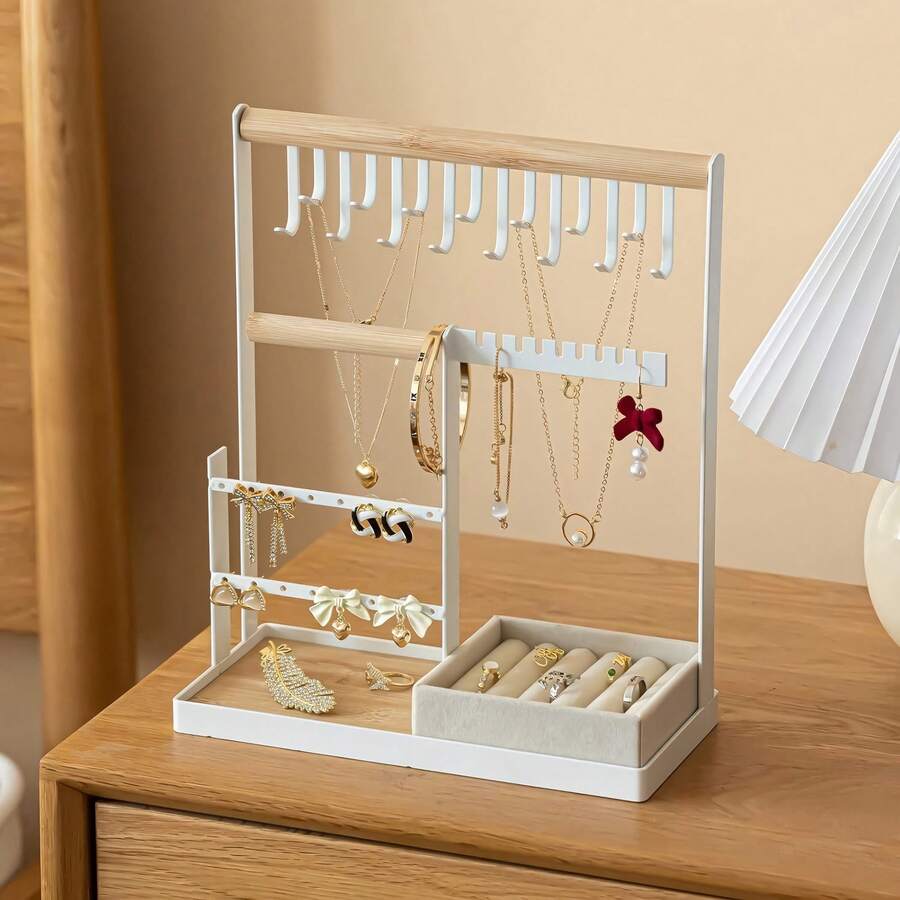 Jewelry Stand Holder Organizer, 4-Tier Necklace Holder With Ring Tray, 10 Hooks Necklaces Hanging Small Jewelry Display Storage Tower Tree For Bracelets Earrings Watches , White - 1PCS - View 1