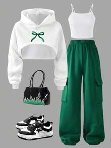 Toddler Girls' Bow Print Long Sleeve Hooded Top & Suspender Pants Set - White - View 2