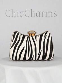 Women's Fashionable Personalized Zebra Print Box Clutch Bag, Suitable For Wedding, Gala, Formal Events, Party Handbag, Shoulder Bag, High-Quality Chain Strap - Black and White - View 1