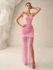 Đầm dạ hội Astony One màu hồng đính sequin thanh lịch, đầm maxi cúp ngực xẻ tà gợi cảm bằng vải lưới xuyên thấu, hoàn hảo cho tiệc năm mới, ngày Valentine, lễ hội hóa trang, lễ hội âm nhạc, tiệc đính hôn, thảm đỏ, lễ tốt nghiệp, tiệc chào mừng và các sự kiện cocktail. - Hồng - Xem 5