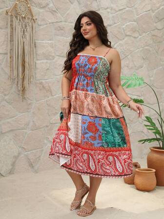 大码女式波西米亚印花无袖吊带背心连衣裙 - 充满鲜艳的佩斯利和几何图案，露肩衬衫领，优雅的长款沙滩裙，适合春、夏、秋、冬，可机洗休闲连衣裙