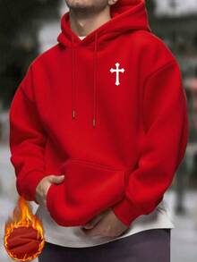 Men's Casual Minimalist Cross Print Drawstring Hooded Sweatshirt, Back To School, Fall Winter, Long Sleeve Top - Red - View 4