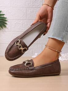 2025春季新款女士时尚金链优雅套脚乐福鞋，轻便舒适，百搭橡胶平底鞋 - 棕色 - 查看 3