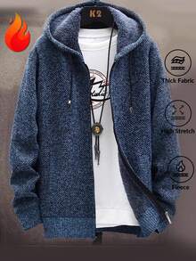 韩版男士全拉链商务/通勤加厚针织开衫毛衣外套，带口袋、保暖内衬和帽子