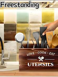 1 Brown Utensil Holder, Kitchen Utensil Rack, Storage Rack With 3 Compartments, Rustic Farmhouse-Style Wooden Cutlery Organizer For Kitchen Countertops, Ideal For Sorting And Storing Knives, Forks, Spoons, Spatulas, And Other Kitchen Tools. Kitchen Utensil Organizer, Wooden Compartmentalized Storage Box, Wall-Mounted Kitchen Organizer, Multi-Section Sorting, Miscellaneous Storage Box, Desktop Organizer, Solid Wood Construction, Kitchen Essentials, Kitchen Must-Haves, Kitchen Storage Solutions, Kitchen Organization. - 彩色 - 查看 9