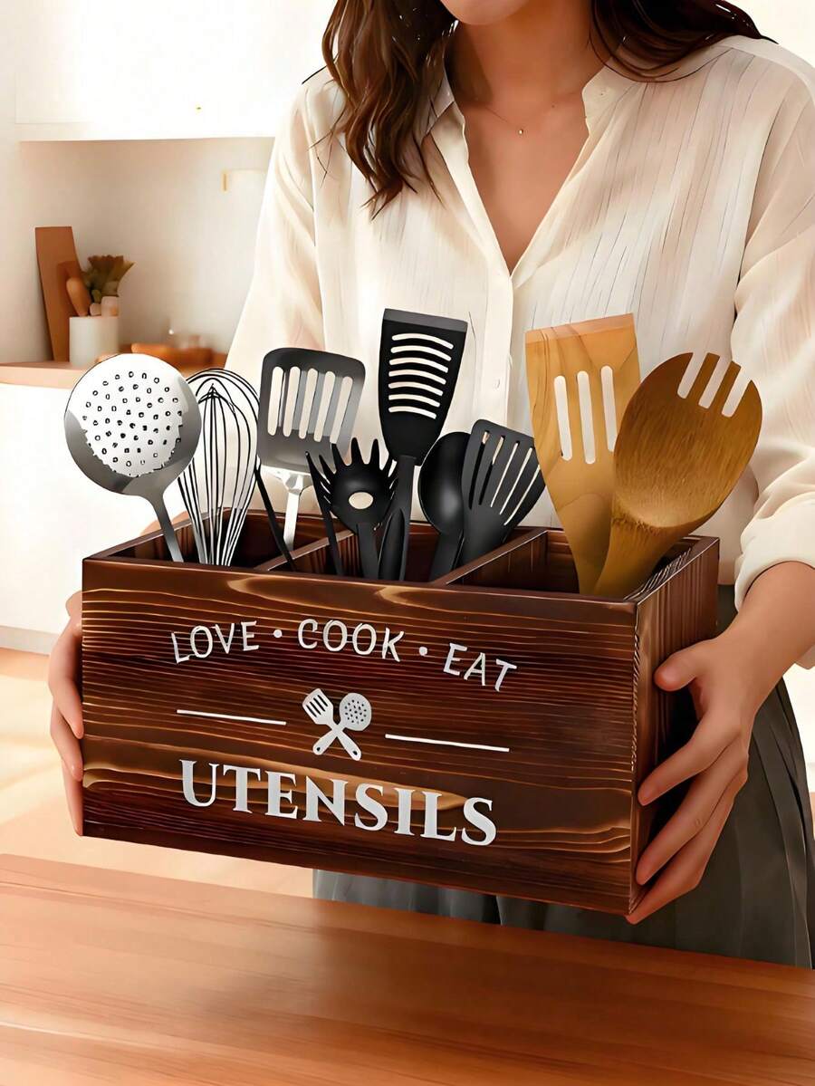 1 unidad de estante marrón para cubiertos, estante para utensilios de cocina, estante de almacenamiento con 3 compartimentos, mostrador de cocina, caja de almacenamiento de cubiertos de madera estilo casa de campo, estante de almacenamiento clasificador de utensilios de cocina adecuado para cubiertos de plata: tenedores, cucharas y espátulas - Multicolor - Ver 1