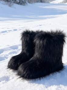 New Winter Warm Plush Faux Fur Snow Boots For Women - Dark Grey & Brown & Black Ankle Booties With Soft Lining, Cozy Slip-On Design For Cold Weather Outdoor & Indoor Wear Unisex Short Ankle Faux Raccoon Fur Snow Boots - Solid Classic Color, Super Smooth Fur Touches The Ground, Perfect For Christmas & Halloween, Y2K Style! Y2K Fashion Men's & Women's Snow Boots - Faux Raccoon Fur, Silky Smooth Floor-Reaching Fur, Solid Classic Shade, Ideal For Christmas & Halloween! Short Ankle Unisex Snow Boots With Faux Raccoon Fur - Solid Classic Color, Ultra-Smooth Fur Hits The Ground, Must-Have For Christmas & Halloween, Edgy Y2K Vibe! Christmas & Halloween Essential Faux Raccoon Fur Snow Boots (Unisex) - Solid Classic Hue, Smooth Fur Touches The Floor, Stylish Y2K Look! Y2K Short Ankle Snow Boots For Men & Women - Faux Raccoon Fur, Super Smooth Floor-Length Fur, Solid Classic Color, Great For Christmas & Halloween Celebrations! - 黑色 - 查看 4