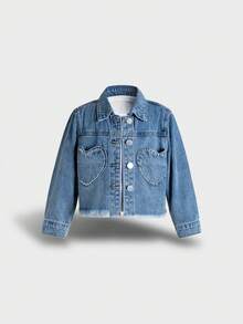 Girls' Distressed Denim Jacket With Rhinestone Embellishments, Cropped Length, Fringed Design, Suitable For All Seasons