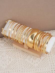 19/10pcs/5pcs/4pcs Fashion Simple Vintage Coin Style Bangle Bracelet Set, Gold-Tone Open Cuff Geometric Smooth Twisted Spiral Wide Bangle Bracelets, Stacking Shiny Bracelets Suitable For Daily Wear, Party, Wedding, Christmas Gift - 金黃色 - 查看 8