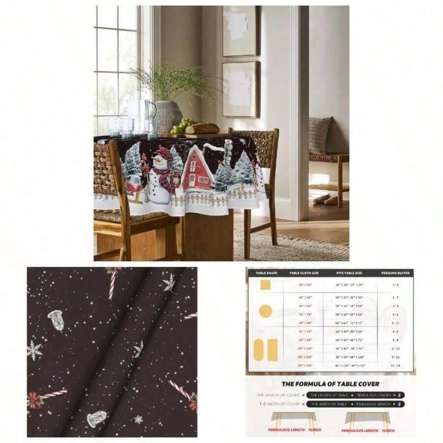 - Mantel de Navidad rectangular de 60x 84 pulgadas, diseo de mueco de nieve de invierno, casa de rboles de Navidad, color blanco, lavable, para, picnic, cena, decoracin - 177,8 cm (Redondo) + negro - Ver 1