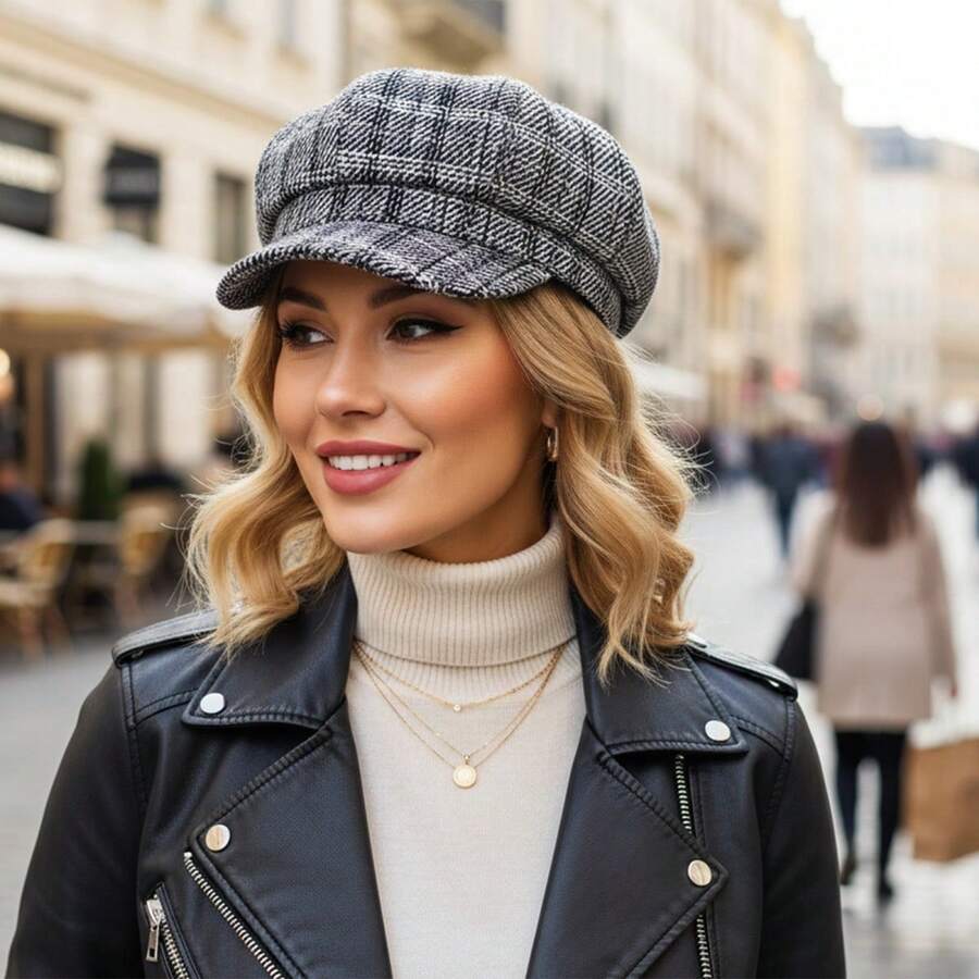 Women's Classic Beret Hat Stylish Korean Style Plaid Pattern Newsboy Cap Warm Winter Octagonal Hat For Outdoor Daily Use - Xám - Xem 1
