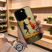 Cubierta de teléfono con diseño artístico para iPhone en color beige con estampado de pareja caminando en otoño y hojas caídas ideal para uso diario y regalos Aplicable a los teléfonos de la serie Apple y Galaxy - Negro - Ver 4