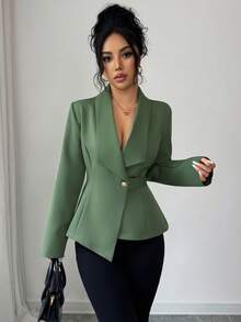 Solid Color Pocket Button Asymmetrical Office Women Coats - Army Green - View 6
