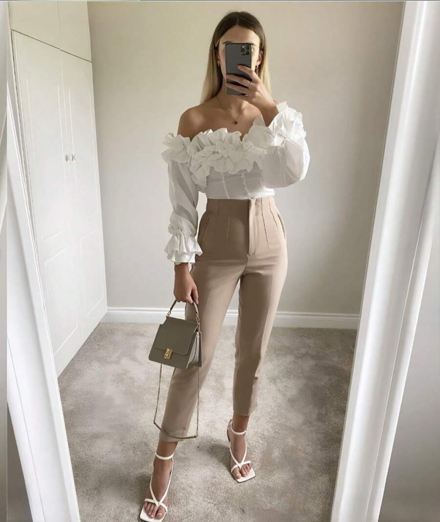 Pantalón con pinzas de vestir, Para dama, Cintura alta, Elegante, Formal, Oficina, Casual, Stretch. - Caqui - Ver 1