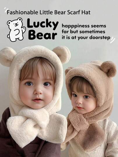 Bear-Ears Children's Fur Hat Scarf One-Piece Hat - Winter Autumn Baby Hoodie - Thick And Warm - Ear Ion Hat