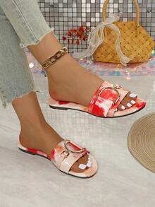 2025 Summer New Flat Slippers, 1 Pair Of Elegant Flat Shoes With Fashionable Retro Gold Buckle Sandals, Beach Vacation Shoes, Elegant Lady, Preppy College Style, Avant-Garde Vacation, Beach Bohemian, Casual PU Leather Buckle Beach Holiday Wedding Party Office Home Outdoor Spring Summer Autumn - Hot Pink - View 3