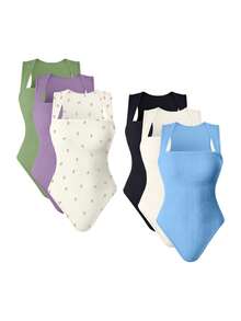 OQQ 3 Piece Bodysuits For Women Sexy Ribbed Strappy Square Neck Stretch Tank Tops Bodysuits - Xanh bơ, tím khoai môn, hồng be, đen, be, xanh kẹo - Xem 1