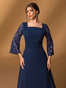 Faeriesty Mosy优雅新娘母亲礼服：方领设计，蕾丝喇叭袖，A字裙摆，适合正式婚礼、盛大晚宴、豪华宴会、慈善舞会和歌剧之夜等场合。新年装扮 - 藏蓝色 - 查看 6