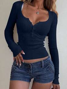 Mystra Women Casual Button Up Ribbed Slim Fit Long Sleeve Sweater , T-Shirt Suitable For Summer And Autumn/Winter Seasons