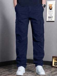 1pc Tween Boys Minimalist Outdoor Sports Multi-Pocket Cargo Pants, Spring & Autumn - Navy Blue - View 3
