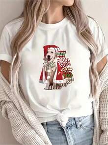 Camiseta informal de mujer con estampado navideño de pomerania blanco. Cómoda camiseta de manga corta y cuello redondo, ideal para primavera y verano, fiestas navideñas y conjuntos de invierno; perfecta para cualquier ocasión. Color liso, estilo informal, ideal para fiestas navideñas, reuniones familiares y para el día a día. - Blanco - Ver 1