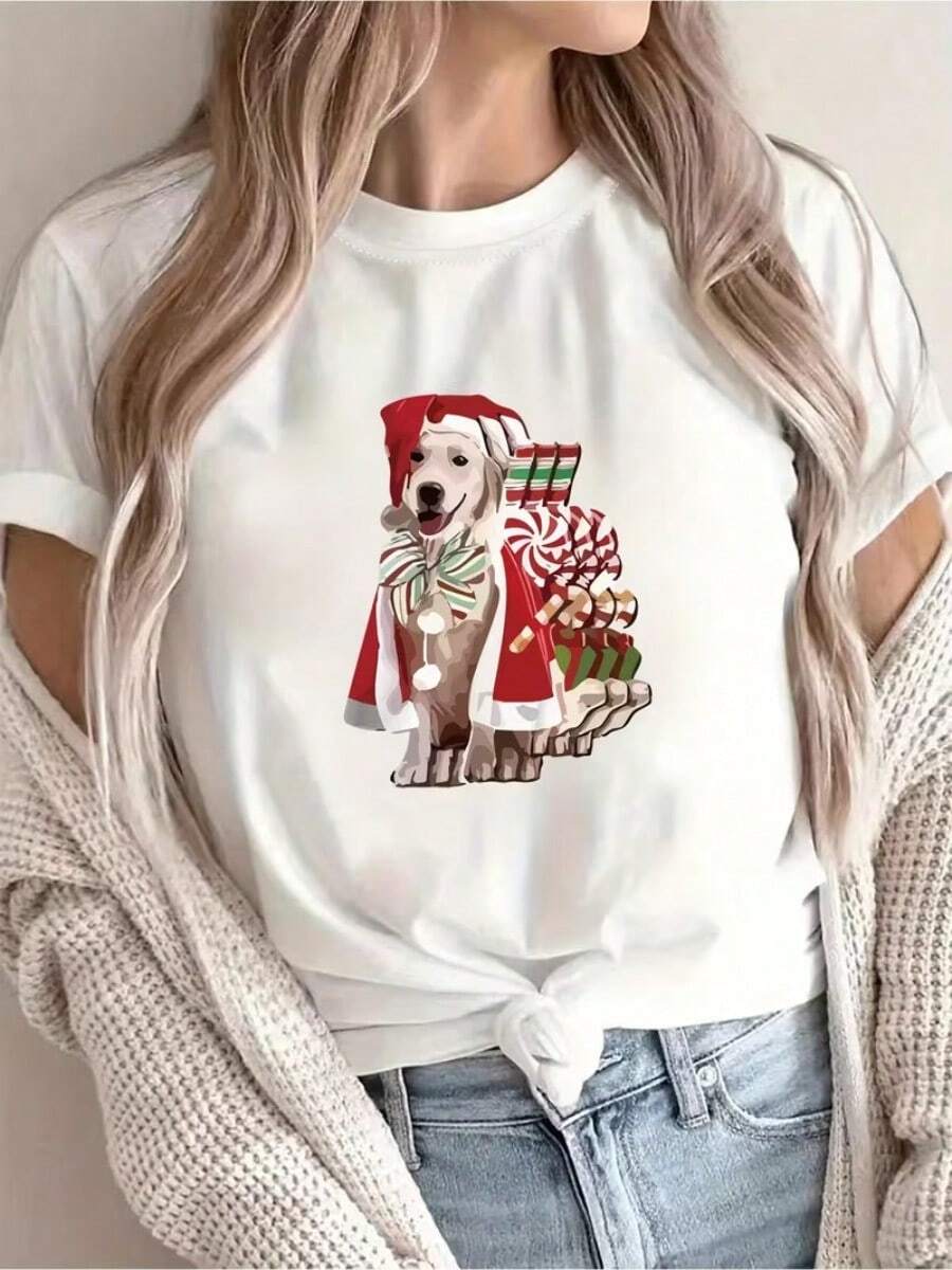 Camiseta informal de mujer con estampado navideño de pomerania blanco. Cómoda camiseta de manga corta y cuello redondo, ideal para primavera y verano, fiestas navideñas y conjuntos de invierno; perfecta para cualquier ocasión. Color liso, estilo informal, ideal para fiestas navideñas, reuniones familiares y para el día a día. - Blanco - Ver 1