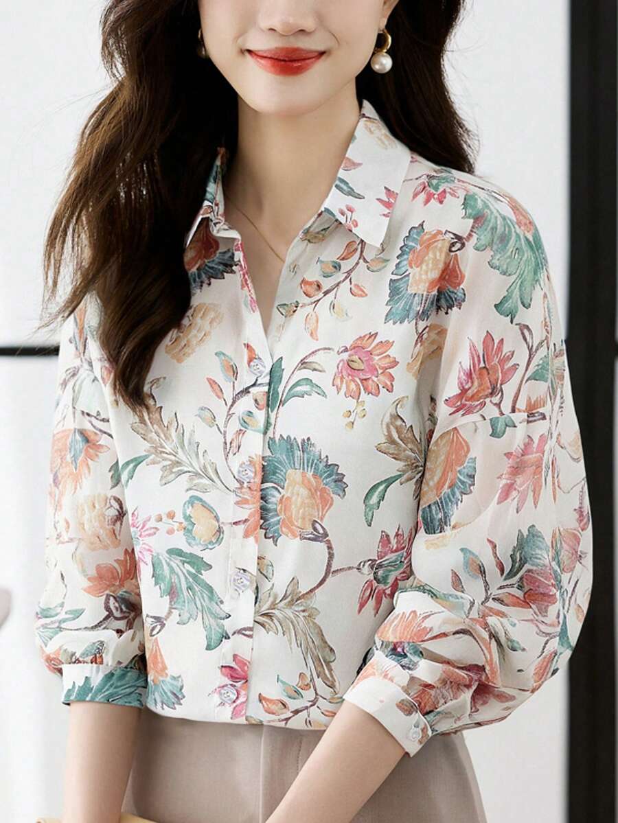 Camisa casual de mujer de manga larga con estampado floral y abotonadura sencilla, blusas elegantes de mujer, primavera/verano vacaciones - Multicolor - Ver 1