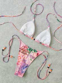 Bộ bikini hai mảnh in họa tiết retro dành cho nữ, kiểu buộc cổ yếm, kết hợp với phụ kiện nhựa tương phản và dây buộc dễ thương, thích hợp cho kỳ nghỉ, bãi biển, Giáng sinh, kỳ nghỉ hè. Bộ đồ bơi hai mảnh màu hồng phong cách thường ngày dành cho nữ, thích hợp cho khu nghỉ dưỡng biển. - Hồng - Xem 3