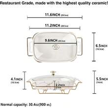 10 X 6 Ceramic Casserole Dish With Glass Lid And Rack For 30 Oz Serving Capacity Ideal For Buffet Style Catering Family Meal Preserving Party Food Display And Chafing Dish Use In Large Gatherings And Event Serving - White - View 2