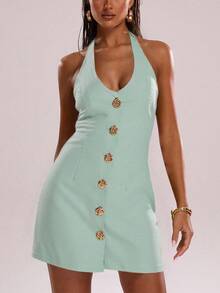 女士浅绿色吊带迷你连衣裙，金属花朵纽扣设计，修身显瘦剪裁，适合日常穿着、圣诞节、万圣节等场合。 - 綠色 - 查看 1