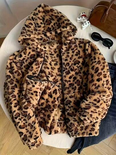 Men's Reversible Faux Fur Hooded Leopard Print Casual Sporty Jacket With Metal Zipper, Winter